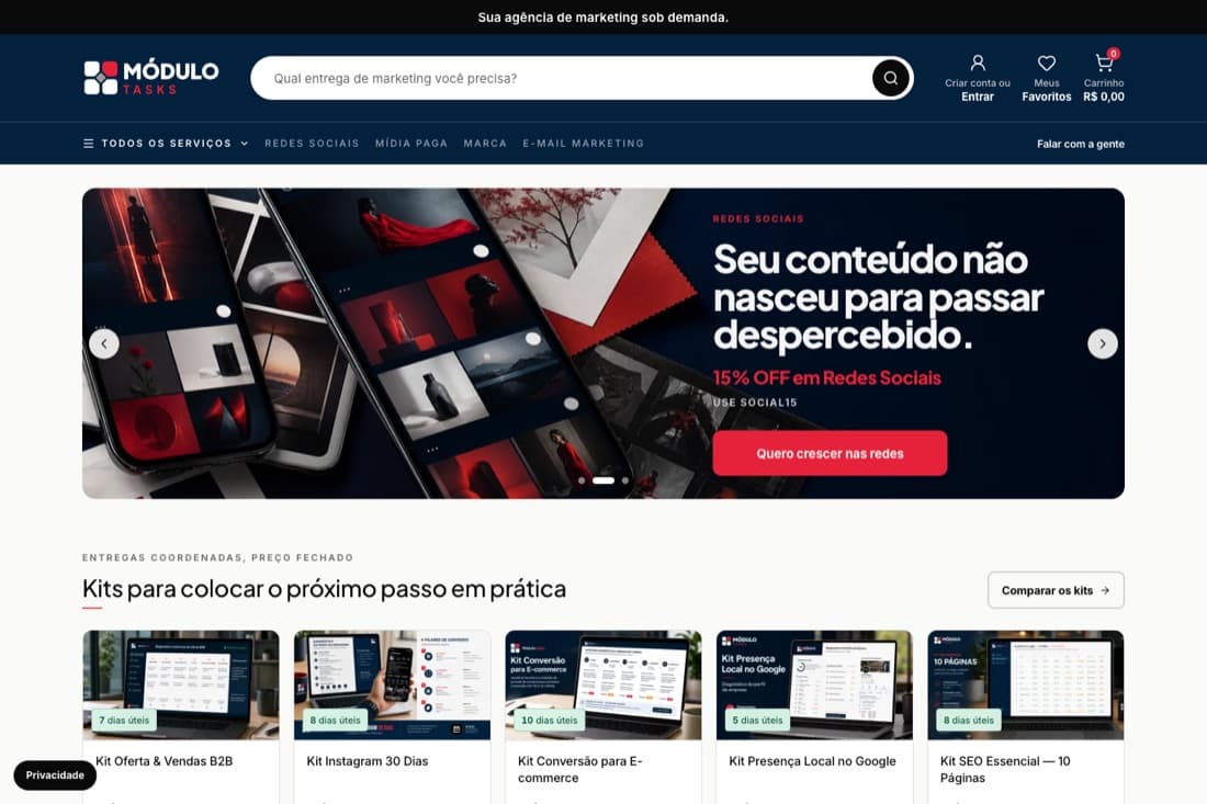 Home da loja de serviços Módulo Tasks